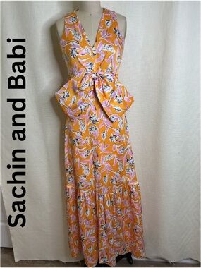 Sachin & Babi Orange Floral Midi Dress Tie Waist Sleeveless Size 0